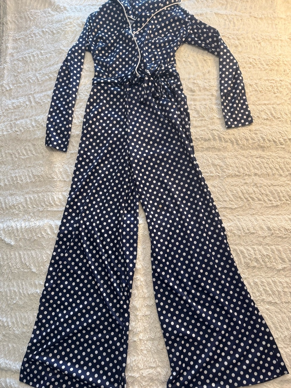 Vintage 70s Polka Dot Wide Leg Jumpsuit Tie Waist Disco Mod - Picture 2 of 9